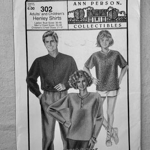 Vintage Stretch & Sew Ann Person #302 Henley Shirts for all Adults and Children